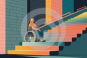 Woman with disability in the wheelchair stops near stairs, concept of Inclusion, created with Generative AI technology