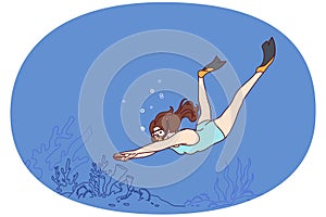 Woman diver swims underwater enjoying beauty of ocean floor covered with algae. Vector image