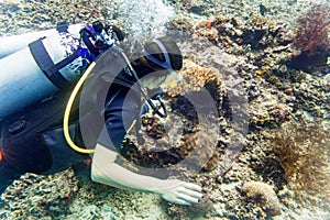 Woman diver at tropical coral reef scuba diving in tropical ocean