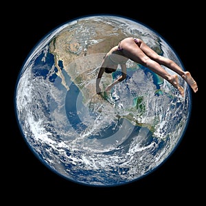 Woman diving on the planet earth