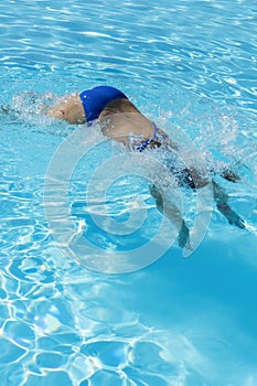 Woman diving in the swimming pool. Young beautiful girl swimming in pool. Brunette relaxing in clear warm water on sunny day. Top