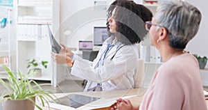 Woman, doctor check and senior woman with mri results in a hospital for brain and head injury. Talking, healthcare and