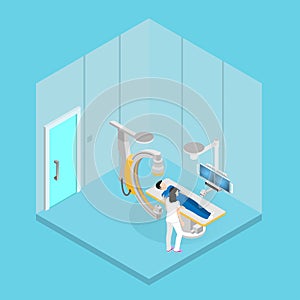 Woman doctor examines a man`s body on a modern tomograph