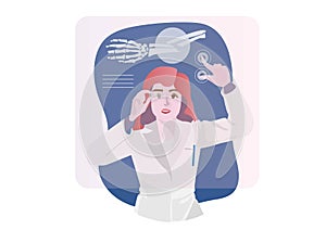 A woman doctor gazing at the AP forearm X-ray display showing a fracture of the ulnar bone. Flat style cartoon illustration vector