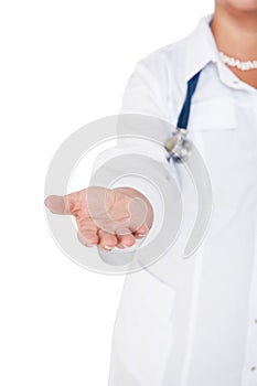 Woman doctor giving helping hand isolated on white