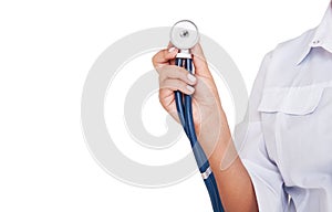 Woman doctor hand holding stethoscope isolated. Health care concept