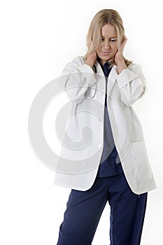 Woman doctor with hands covering ears