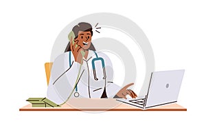 Woman doctor having call with patient and working on laptop computer sitting at desk table