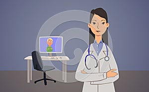 The woman doctor in his office consults the patient online. Remote patient reception, telemedicine. Vector illustration