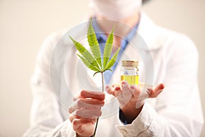 Woman doctor holding a cannabis leaf and oil.alternative medicine