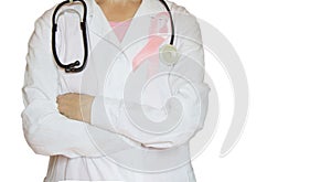 Woman doctor holding in his hand a pink ribbon, isolated health, concepts of health awareness of breast cancer