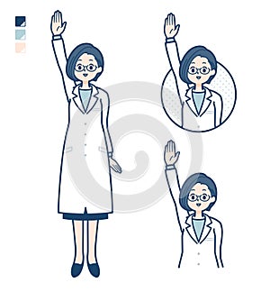 A woman doctor in a lab coat with raise hand images