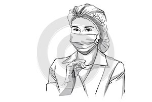 Woman doctor in a mask Vector sketch storyboard. Detailed character illustrations