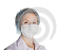 Woman doctor in a mask on a white background