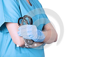 Woman doctor in medical clothes and stethoscope. White background. Copy space