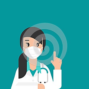 Woman doctor with medical mask on blue background. Winter precautions list