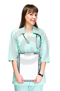 Woman doctor or nurse showing empty blank