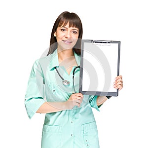 Woman doctor or nurse showing empty blank
