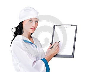 Woman doctor or nurse showing empty blank