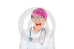 Woman Doctor Nurse with stethoscope laughing