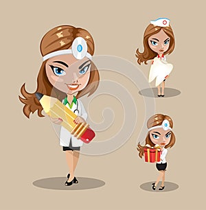 Woman doctor or nurse in a vector, Set of three female doctors in different poses, vector illustration