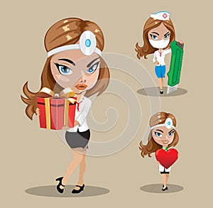 Woman doctor or nurse in a vector, Set of three female doctors in different poses, vector illustration