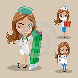 Woman doctor or nurse in a vector, Set of three female doctors in different poses, vector illustration