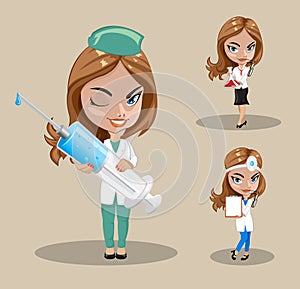 Woman doctor or nurse in a vector, Set of three female doctors in different poses, vector illustration