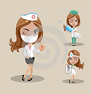Woman doctor or nurse in a vector, Set of three female doctors in different poses, vector illustration
