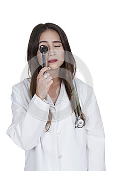 Woman doctor with an otoscope