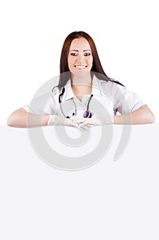 Woman doctor with placard. Isolated.
