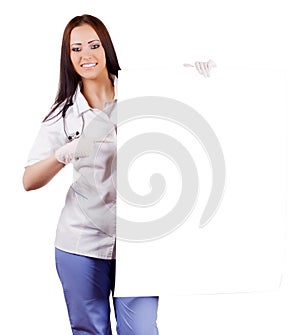 Woman doctor with placard. Isolated.