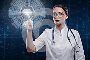 Woman doctor pointing hud futuristic interface. Brain examination concept