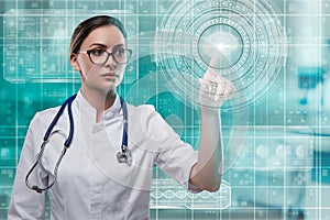 Woman doctor pointing hud futuristic interface. Brain examination concept