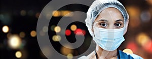 Woman, doctor and portrait with face mask with space in night, hospital workplace or career vision in surgery