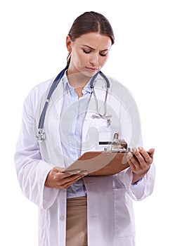 Woman, doctor and reading policy on clipboard for healthcare on a white studio background. Face of female person