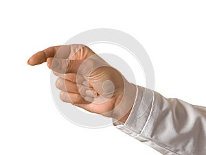 Woman doctor`s hand is holding something on white isolated background. hand gestures