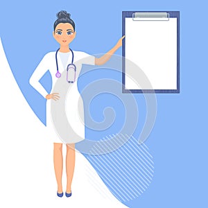 Woman doctor showing a blank clipboard poster