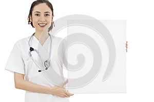 Woman doctor showing blank poster