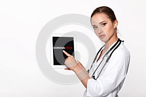 Woman doctor showing screen digital tablet