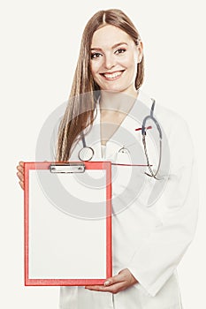Woman doctor with stethoscope, clipboard and pen.