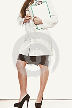 Woman doctor with stethoscope, clipboard and pen.