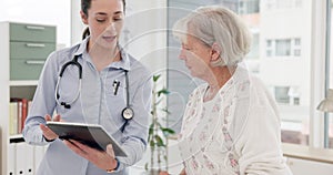 Woman, doctor and tablet with senior patient in consultation, checkup or appointment at the hospital. Female person or