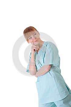 A woman doctor thinks a white background