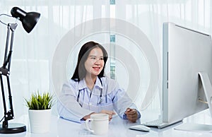 Woman doctor video call conference online sit listen patient to explain
