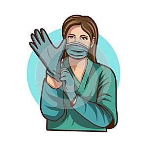 Woman doctor wearing hand glove ready to surgery isolated white background