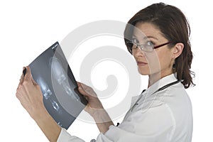 Woman doctor whit radiography a over white backgro