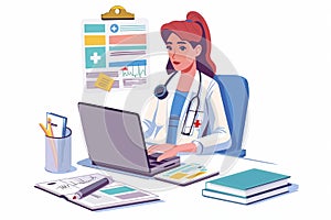 Woman Doctor Working on Laptop at Desk