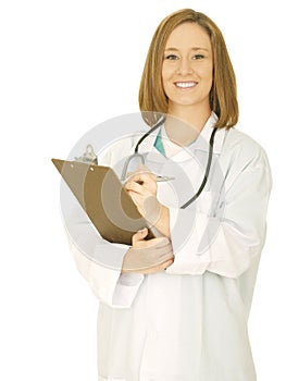 Woman Doctor Write On Clip Board