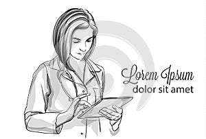 Woman doctor writing notes Vector sketch storyboard. Detailed character illustrations